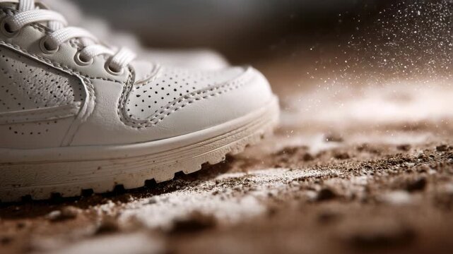 311Tight close-up angle of a white sneaker sole pressed against a matte surface, fine dust-free texture showcasing craftsmanship and urban movement culture