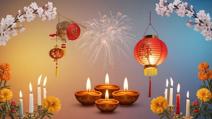 A beautiful and festive arrangement of diyas and marigold garlands for celebration