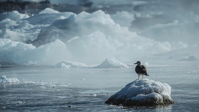 A bird standing on an ice-covered rock in a cold, cloudy landscape with large snow clouds and icy waters.