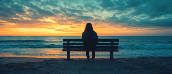 At sunset by the sea, a solitary figure contemplates eternity, emphasising the melancholy of nature — the perfect atmospheric backdrop for philosophical articles or meditative apps.