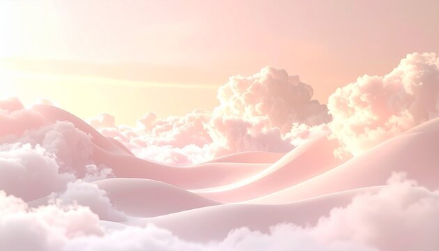 Serene dreamscape with soft pink clouds and glowing sunrise light, ethereal pastel sky at dawn or dusk, tranquil abstract landscape.