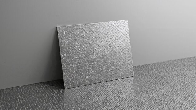 A metal diamond plate stepping on the ground near the wall.