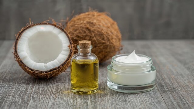 Coconut oil with coconut and cream on wooden surface.