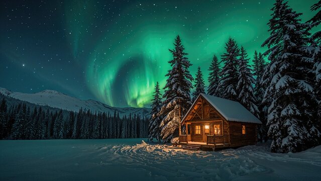 Aurora borealis over a snowy landscape with trees and a cozy cabin. Nature and winter scene. The Northern Lights and cold weather environment.