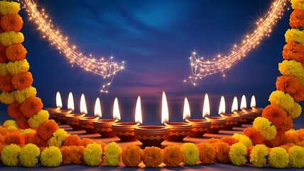 A beautiful and festive arrangement of diyas and marigold garlands for celebration