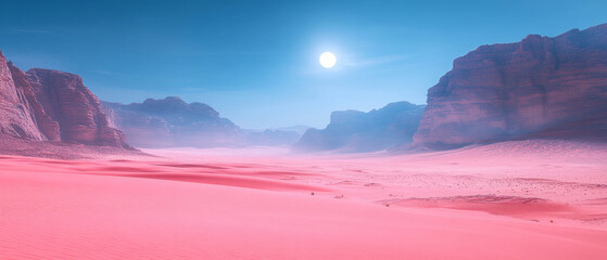 A mysterious landscape with pink dunes and bright sunshine will emphasise the theme of fantastic journeys or climate change, ideal for art projects as a decorative backdrop.