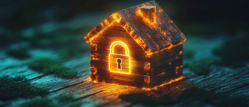 The illuminated house with a lock on the front symbolises data security and is ideal as an atmospheric backdrop for presentations on cybersecurity and innovation. - Powered by Adobe