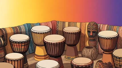 A colorful illustration of african djembe drums against a vibrant sunset background, showcasing cultural music