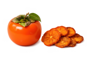 Persimmon fruit with dried slices offering a healthy sweet snack, nutritious and natural food ingredient