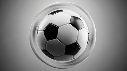 Naklejka premium A soccer ball encapsulated in a clear sphere, representing sport and precision. The black and white pattern is crisp and detailed.