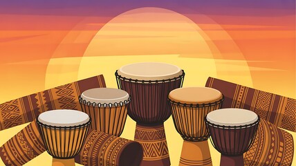 A colorful illustration of african djembe drums against a vibrant sunset background, showcasing cultural music