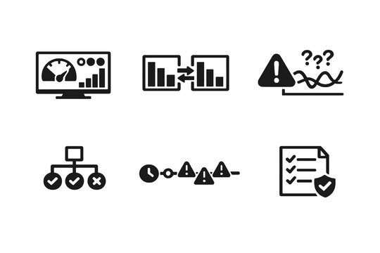 Risk forecasting icon set with scenario planning, uncertainty and mitigation symbols. Black flat vector icons with transparent background for risk dashboards and analytics UI.