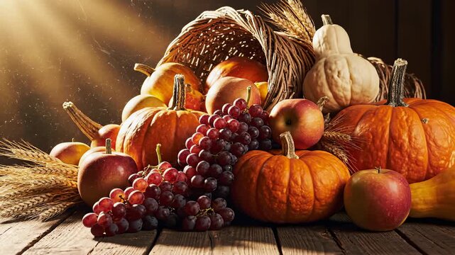 Abundance of Autumn Harvest Overflowing a Cornucopia on Wooden Table