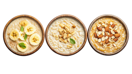 Delicious oatmeal variations, breakfast bowls, banana and mint toppings, nut and almond garnishes