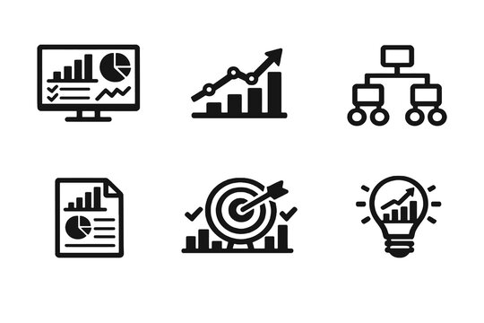 Business intelligence icon set with executive dashboards, KPIs and decision insights. Black flat vector icons with transparent background for BI tools and enterprise UI.