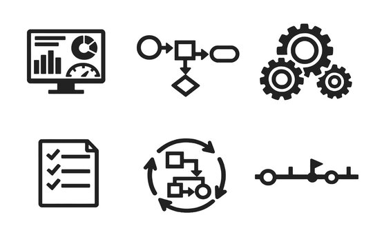 Enterprise operations icon set with workflows, processes and optimization symbols. Black flat vector icons with transparent background for business operations UI.