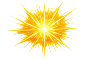 Yellow light radial explosion burst with radiating rays and sparks, energy flash on transparent background