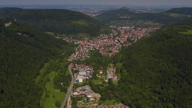 Aerial view around the city Lichtenstein in Germany on a sunny day in Summer.