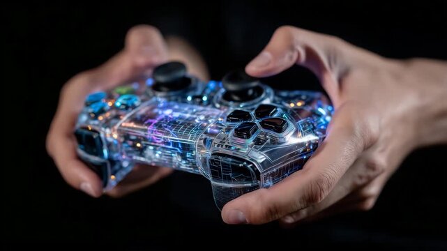 Close-up of hands using VR controllers, glowing neon reflections highlighting immersive gaming and extended reality concepts - Powered by Adobe