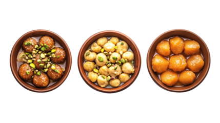 Traditional indian dessert gulab jamun sweet balls three bowls milk based treats