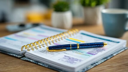 Close-up of planner pages with handwritten notes, pen resting diagonally for a productivity aesthetic
