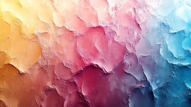 Rough textured surface displays a striking gradient of warm orange, vibrant pink, and cool blue colors