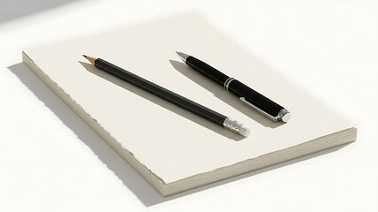 A graphite pencil and a black pen resting on a stack of thick, cream-colored paper on a white background