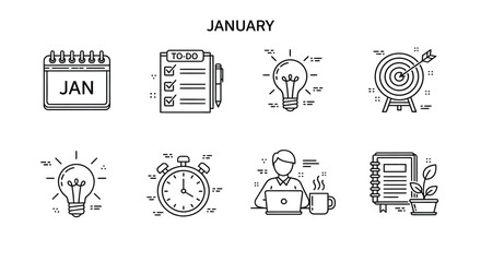 Fototapeta premium January planning and productivity icons Vector