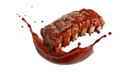 Tasty pork ribs drenched in bbq sauce splash action dynamic food shot