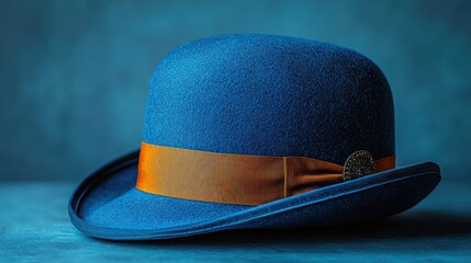 Blue bowler hat with orange ribbon, studio shot, textured background, fashion accessory