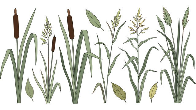 Illustration of various aquatic plants and cattails in a serene wetland environment from a panoramic viewpoint