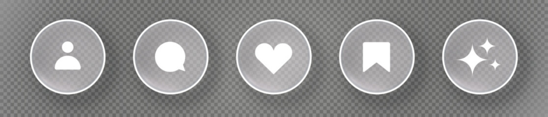 Glassmorphism button uesr, message, like, save, generate UI design element isolated on transparent background. Frosted glass shapes for web, app, banner,social media