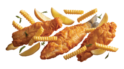 Fried fish, crispy fries, lemon slices, seafood meal, classic dish