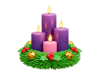 Purple candles on a wreath with a pink candle centerpiece isolated on transparent background
