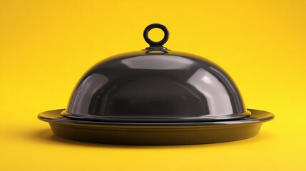 Fototapeta premium Black metal cloche on serving tray with vibrant yellow background