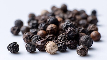 Obraz premium Close-up of dried black peppercorns scattered on white surface with natural lighting