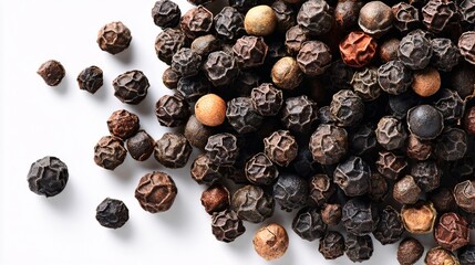 Close-up of dried black peppercorns scattered on white background with natural lighting