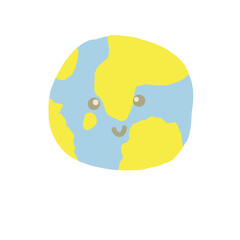 Cute smiling planet earth illustration with blue oceans yellow continents and friendly face creating cheerful educational global awareness mood.