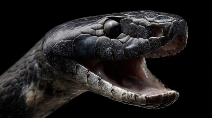 Close-Up of Black Snake with Open Mouth on Dark Background