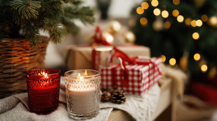 Cozy Christmas still life with candles, wrapped gifts, and festive decorations.
