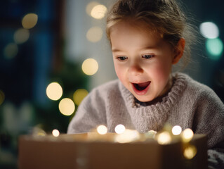 Excited young child discovering a glowing gift box with magical lights.