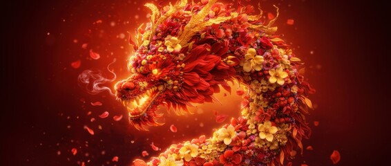 cinematic floral chinese dragon glowing with fire energy, powerful zodiac symbol for chinese new year celebrations