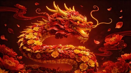 floral chinese dragon glowing with fire energy, powerful zodiac symbol for chinese new year celebrations
