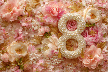 Celebration of eight with decorations of flowers and pearl number surrounded by pastel colors for special occasion