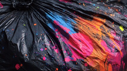 Abstract vibrant paint splatter on black textured surface with dynamic lighting