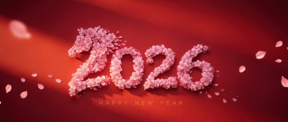 2026 numbers formed with pink sakura petals on red background, elegant chinese new year greeting and lunar celebration design, poster.