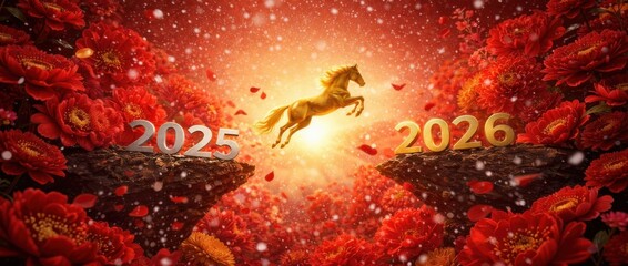 golden horse leaping from 2025 to 2026 symbolizing progress and fortune for chinese new year