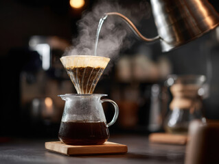 Pour-over coffee brewing with hot water flowing through a paper filter.