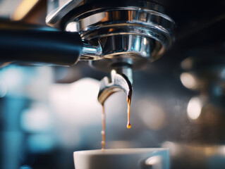 Espresso extraction dripping from a coffee machine into a cup.