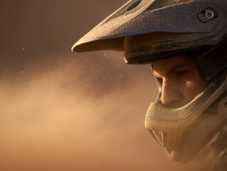 Close-up of a motocross rider wearing a helmet in dusty conditions.
